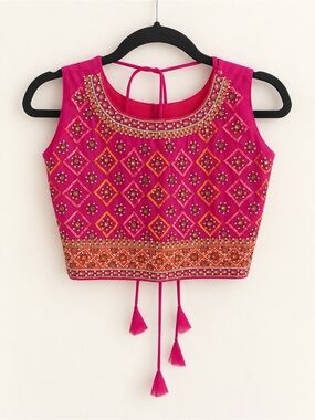 Hot Pink Embellished Indian Choli Blouse Sequin Beaded Crop Top Size 32